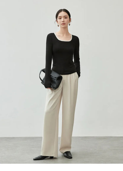 Patchwork Square Neck Long Sleeve Knit Top