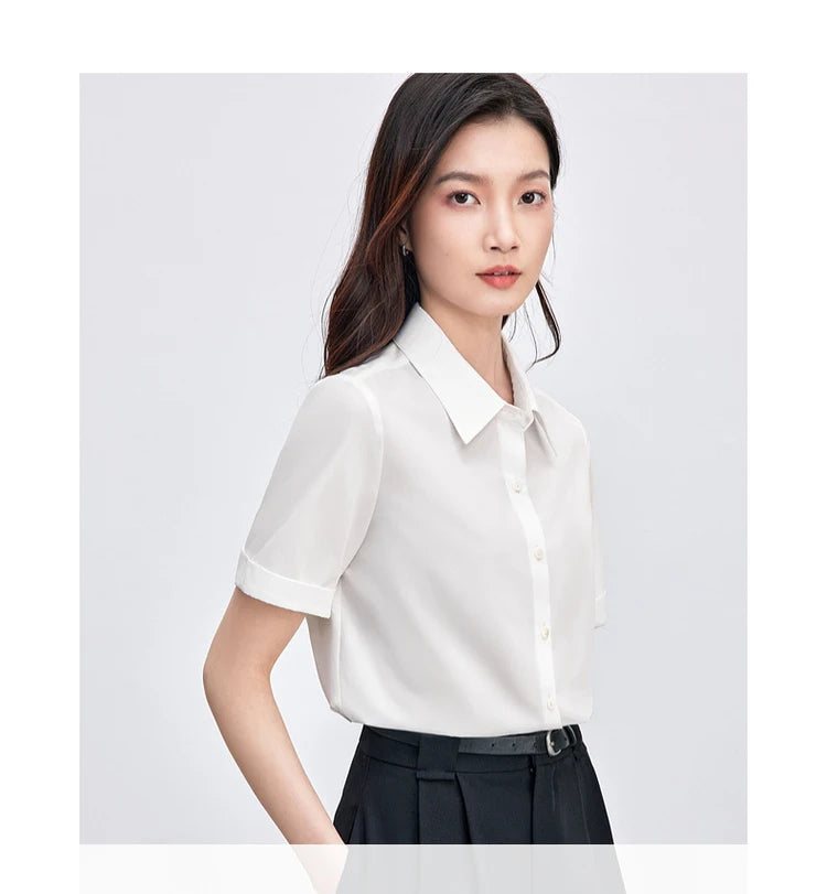 Simple Turn Down Collar Short Sleeve Blouse