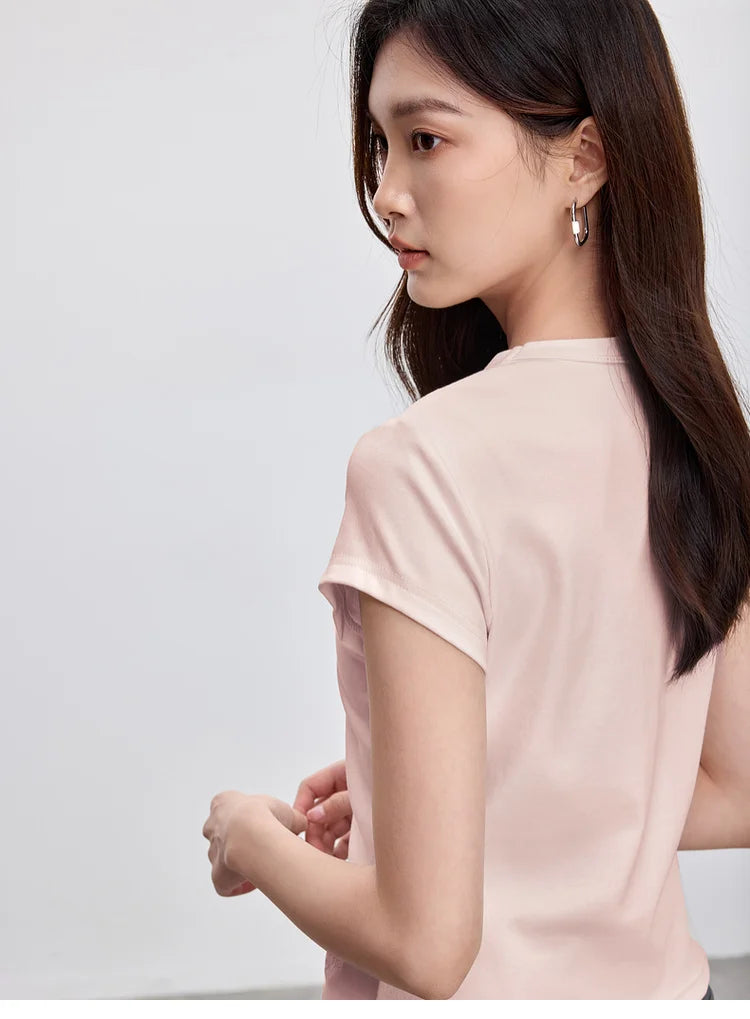 Solid Knitted Crewneck Short Sleeve Embroidery Top