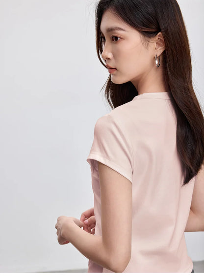 Solid Knitted Crewneck Short Sleeve Embroidery Top