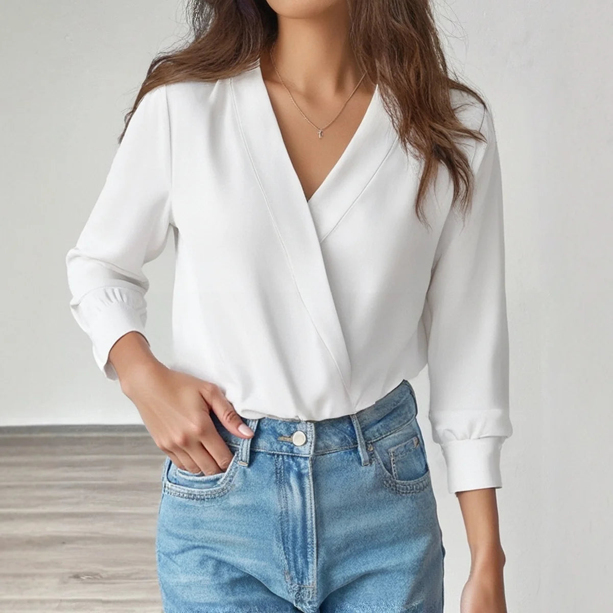 White Wrap Long Sleeve V-Neck Workwear Shirt