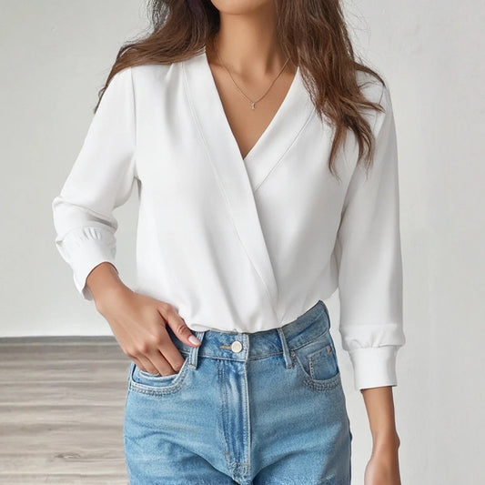 White Wrap Long Sleeve V-Neck Workwear Shirt