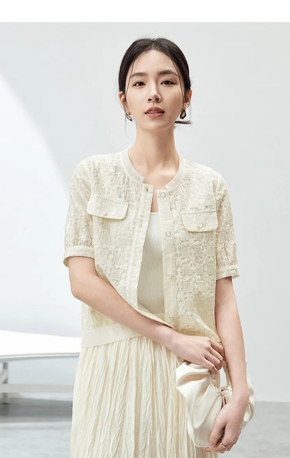 Elegant Tweed Cropped Coat with Round Neck & Short Sleeves