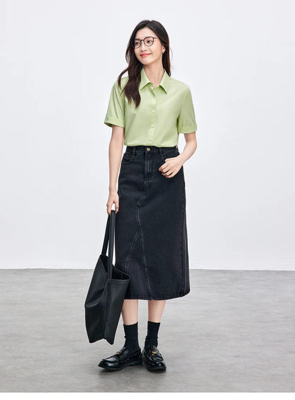 Simple Turn Down Collar Short Sleeve Blouse