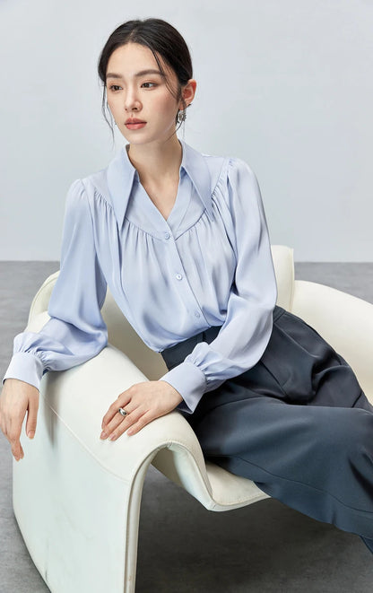 Elegant Loose Lapel Satin Long Sleeve Blouse