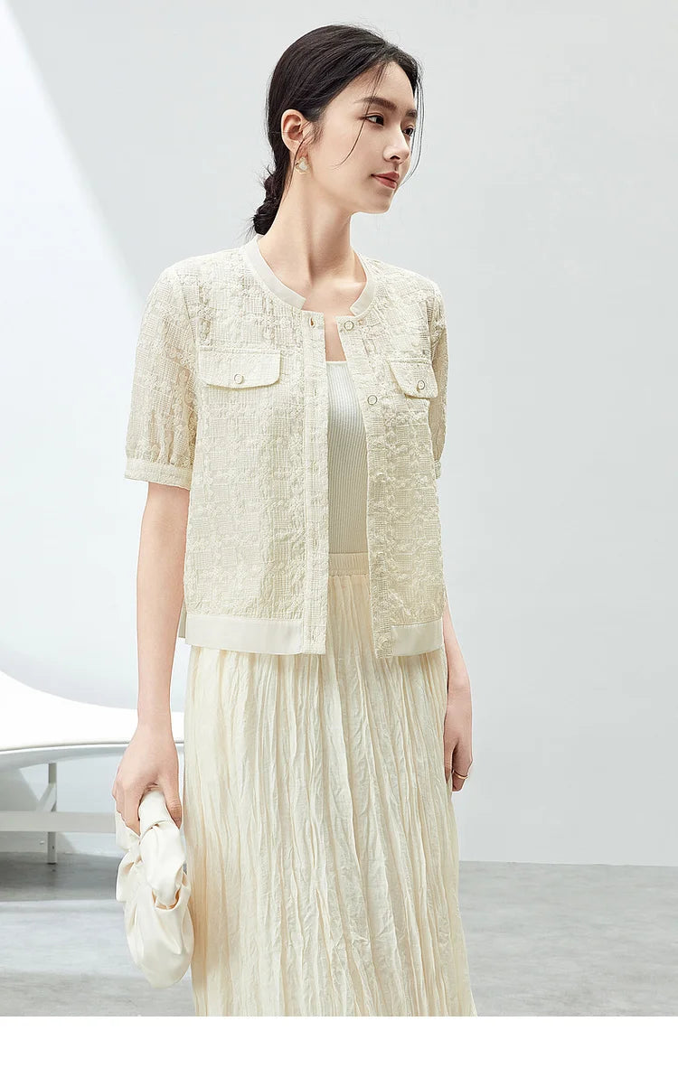 Elegant Tweed Cropped Coat with Round Neck & Short Sleeves