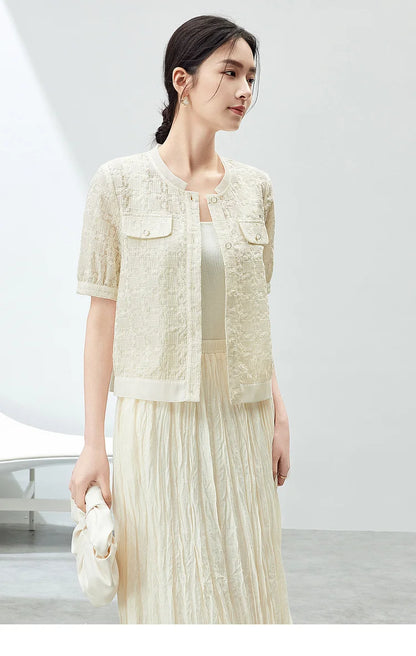 Elegant Tweed Cropped Coat with Round Neck & Short Sleeves