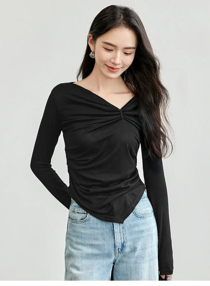 Irregular Knitted Long Sleeve Skew Collar Pullover