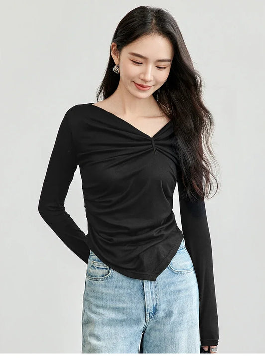 Irregular Knitted Long Sleeve Skew Collar Pullover