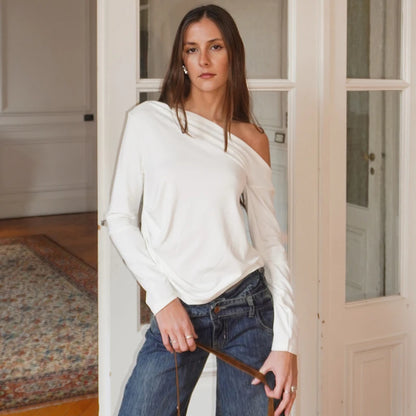 Oblique Collar Loose Long-Sleeve T-Shirt Top