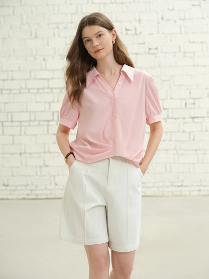 Asymmetrical Hem Pleated Short-Sleeved Shirt