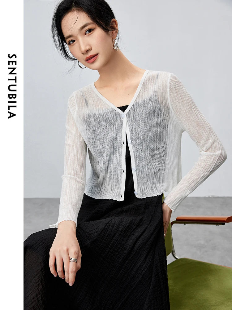 V-neck Cropped Knitted Cardigan & Long Sleeve Top