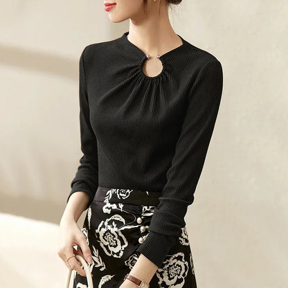 Cut Out Gathered Round Neck Long Sleeve T-shirt