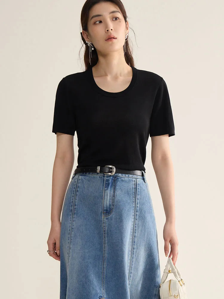 Casual Round Neck Knit T-shirt & Solid Tees