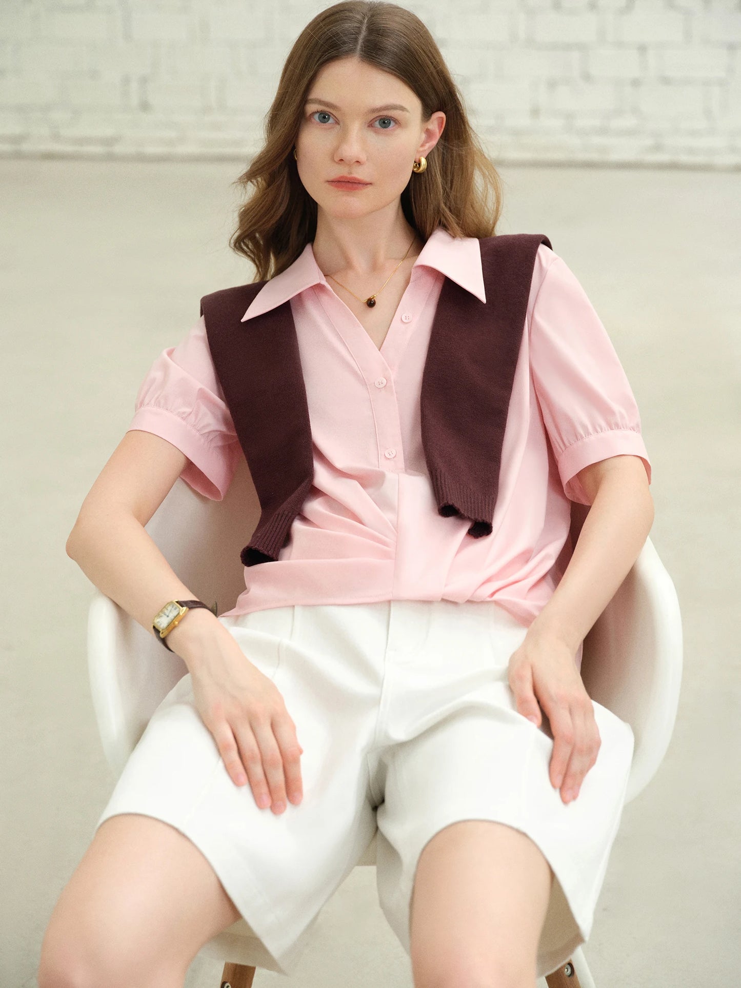 Asymmetrical Hem Pleated Short-Sleeved Shirt