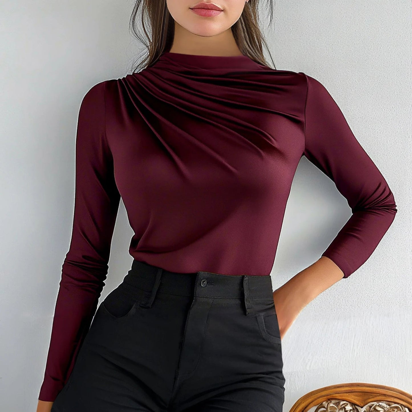 Elevate your autumn wardrobe with our High-Neck Ruffle Long Sleeve T-Shirt in vibrant French Red. This chic top features a sophisticated high-neck design and delicate ruffle detailing, ensuring you look stylish and feel comfortable all day long. Made from soft