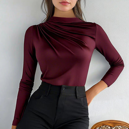 Elevate your autumn wardrobe with our High-Neck Ruffle Long Sleeve T-Shirt in vibrant French Red. This chic top features a sophisticated high-neck design and delicate ruffle detailing, ensuring you look stylish and feel comfortable all day long. Made from soft