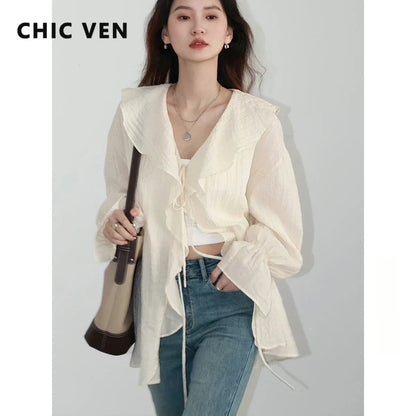 Chic Ruffled V-Neck Lace-Up Blouse, perfect for spring and summer, combines elegance and comfort. With a beautiful ruffled neckline and playful lace-up detailing, this loose-fit blouse offers breathability and style. Available in versatile colors,