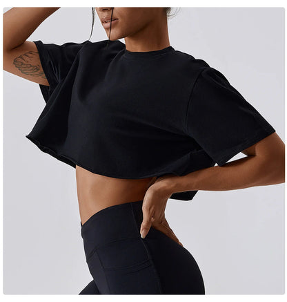 Stylish NCLAGEN Casual T-shirt in black, crafted from soft, breathable cotton and spandex for ultimate comfort. This trendy crop top features a loose fit, perfect for yoga, dance, or running. Experience unrestricted movement and quick-dry technology