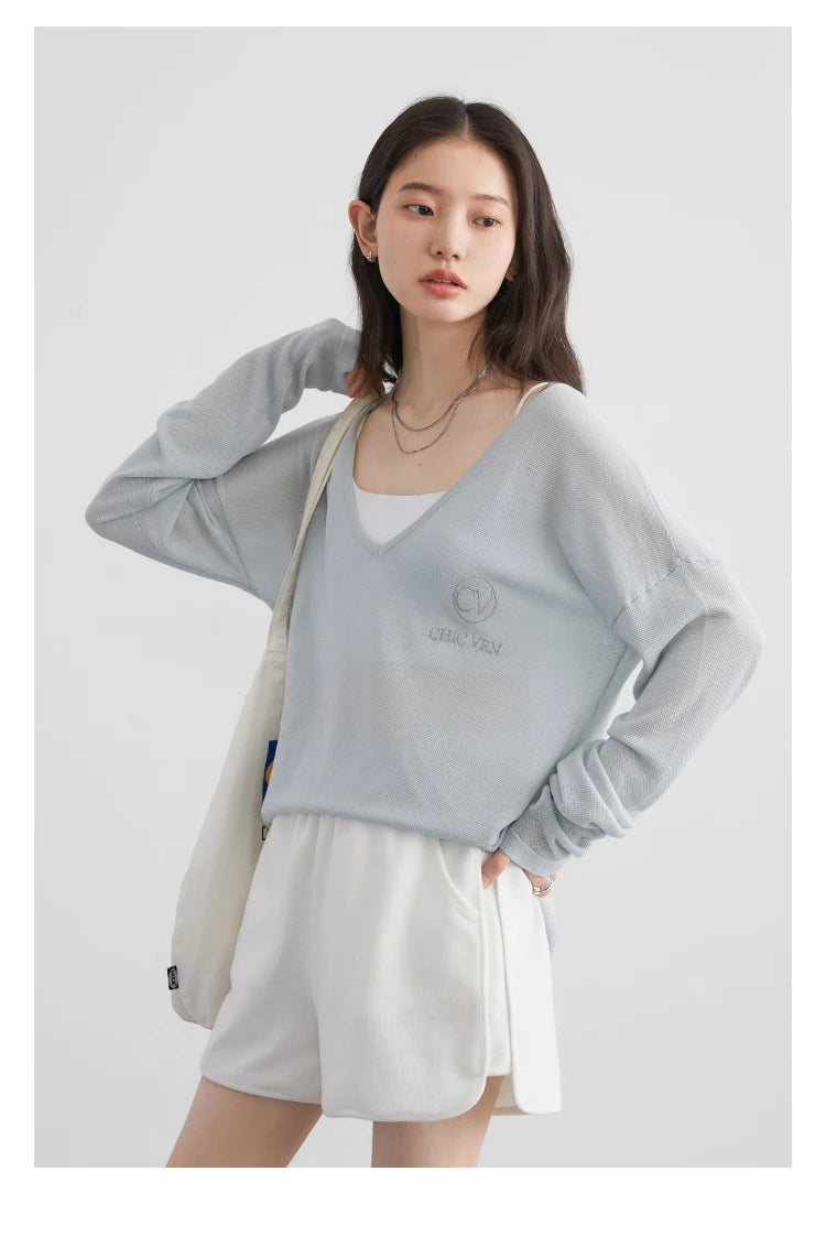 Elevate your spring and summer wardrobe with our Loose V-Neck Embroidered T-Shirt. This stylish tee features lightweight, breathable fabric that offers natural sun protection while keeping you cool. Adorned with elegant embroidery, it adds a touch of sophistication