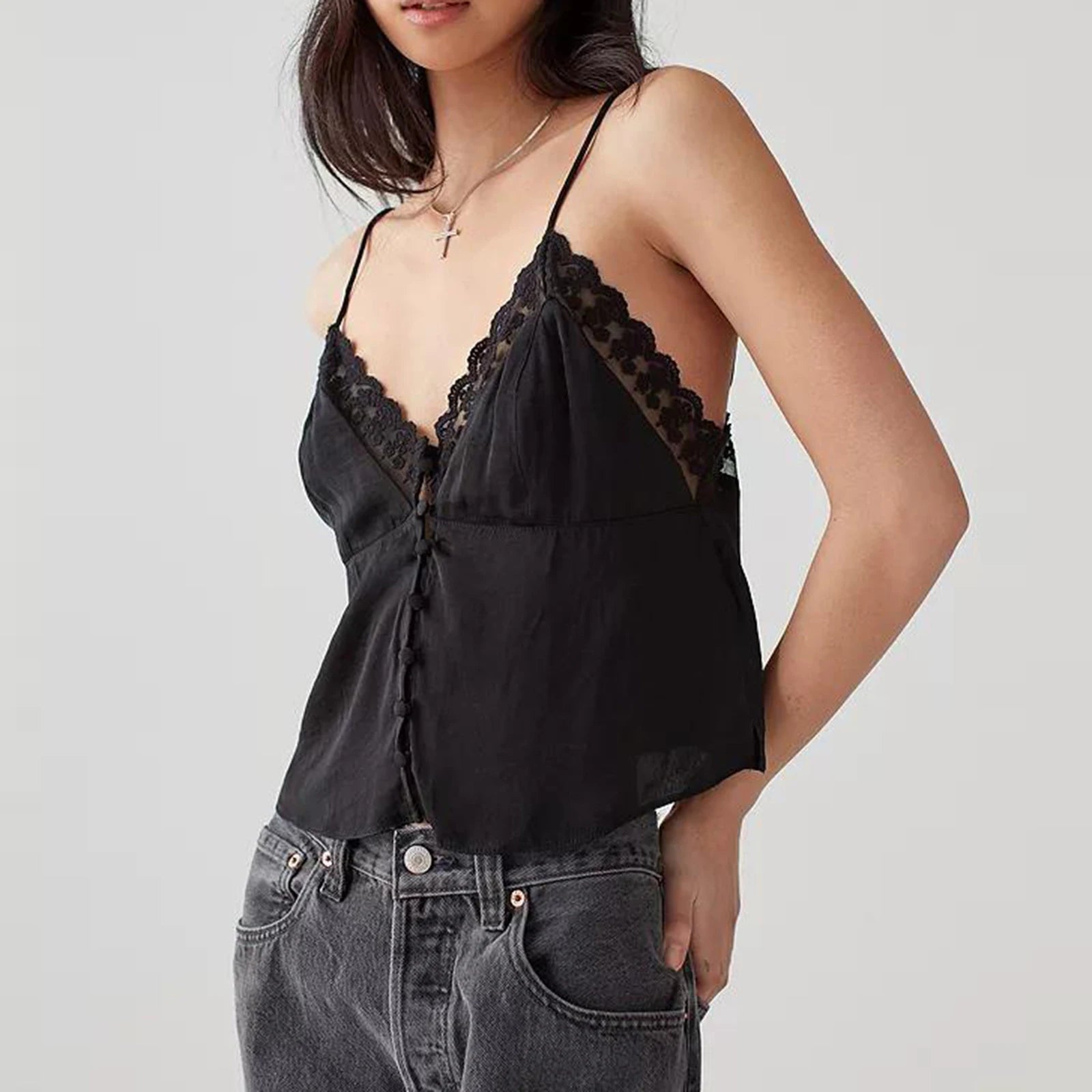 Elevate your summer style with the Gaono Women Sleeveless Camisole Tank Top! This chic piece features a stunning ruffle V-neck and delicate lace trim, crafted from a soft cotton and spandex blend for ultimate comfort. Perfect for streetwear