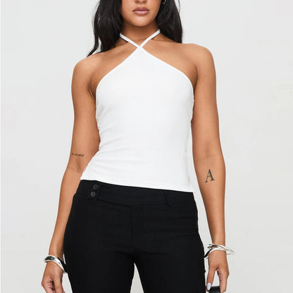 Chic solid hanging neck camisole designed for summer style, featuring a backless, slim-fit silhouette. Made from a soft cotton-spandex blend, this lightweight tank top offers all-day comfort and breathability. Perfect for streetwear or Y2K